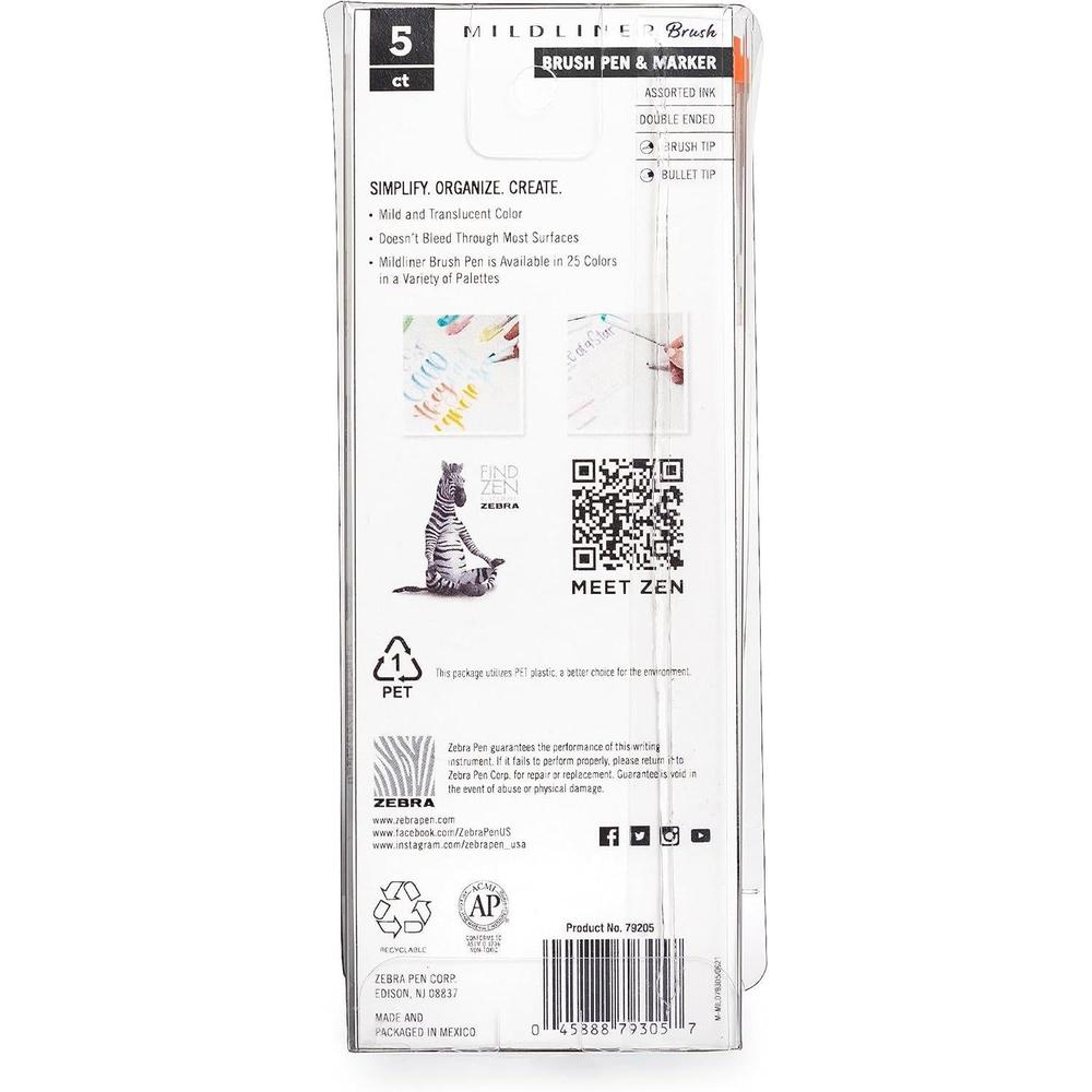 Zebra Mildliner Double-Ended Brush Marker and Fine Tip Pens - Assorted Cool and Refined Colors, 5 count-045888792050-LR-336530-9-LR eShop