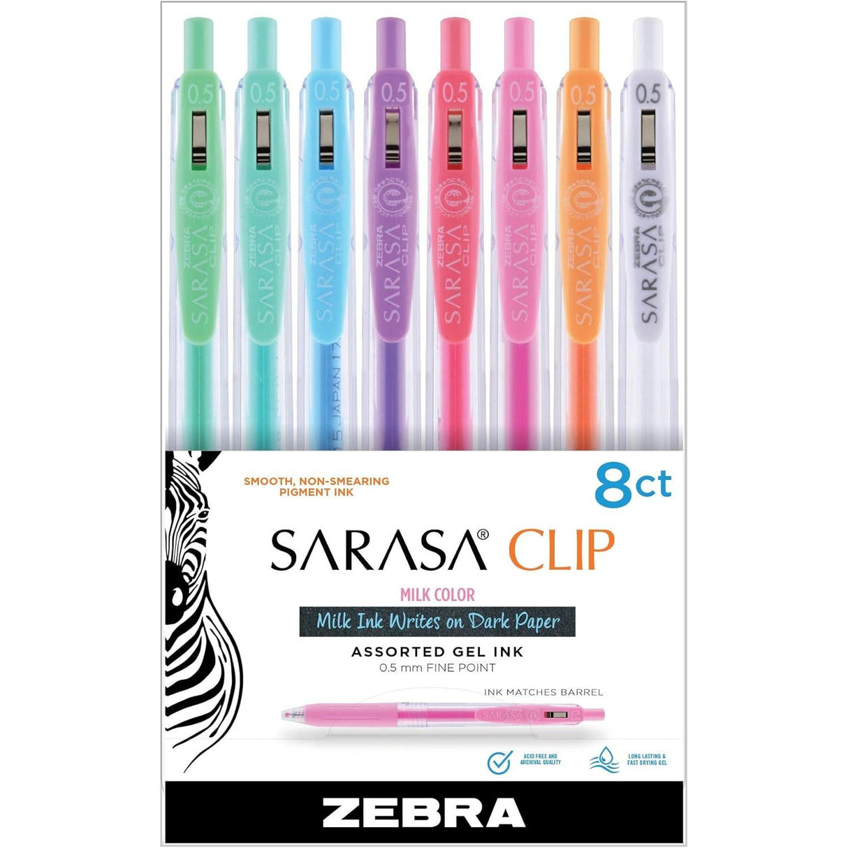 Zebra Sarasa Fine Point Clip Retractable Gel Pen - Milk Assorted Colors, 8 count-045888489080-LR-331073-1-LR eShop