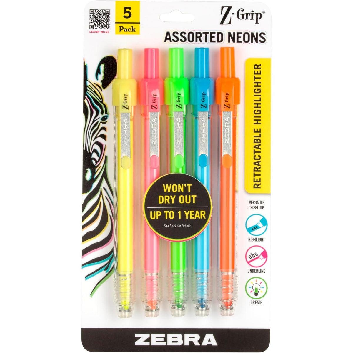 Zebra Z-Grip Retractable Highlighter Marker Set - Assorted Neons, 5 pack-045888712058-LR-358286-1-LR eShop
