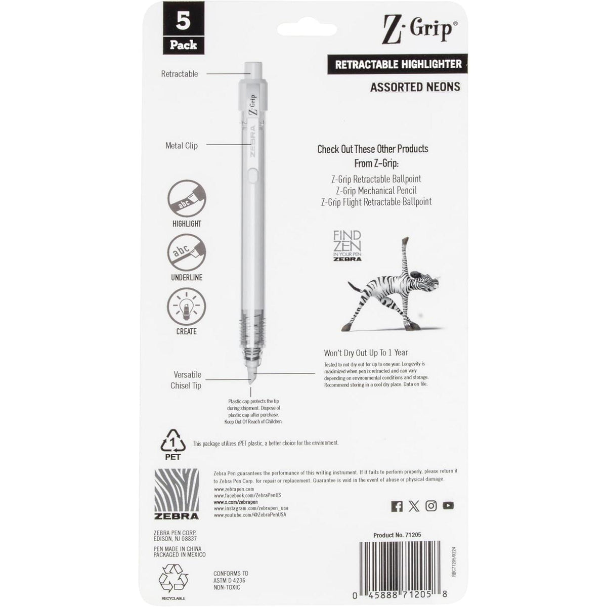 Zebra Z-Grip Retractable Highlighter Marker Set - Assorted Neons, 5 pack-045888712058-LR-358286-5-LR eShop