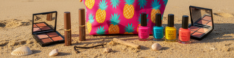Vibrant 2026 summer cosmetics collection on sand, featuring bright nail polishes, eyeshadow palettes, and a pineapple-print bag.