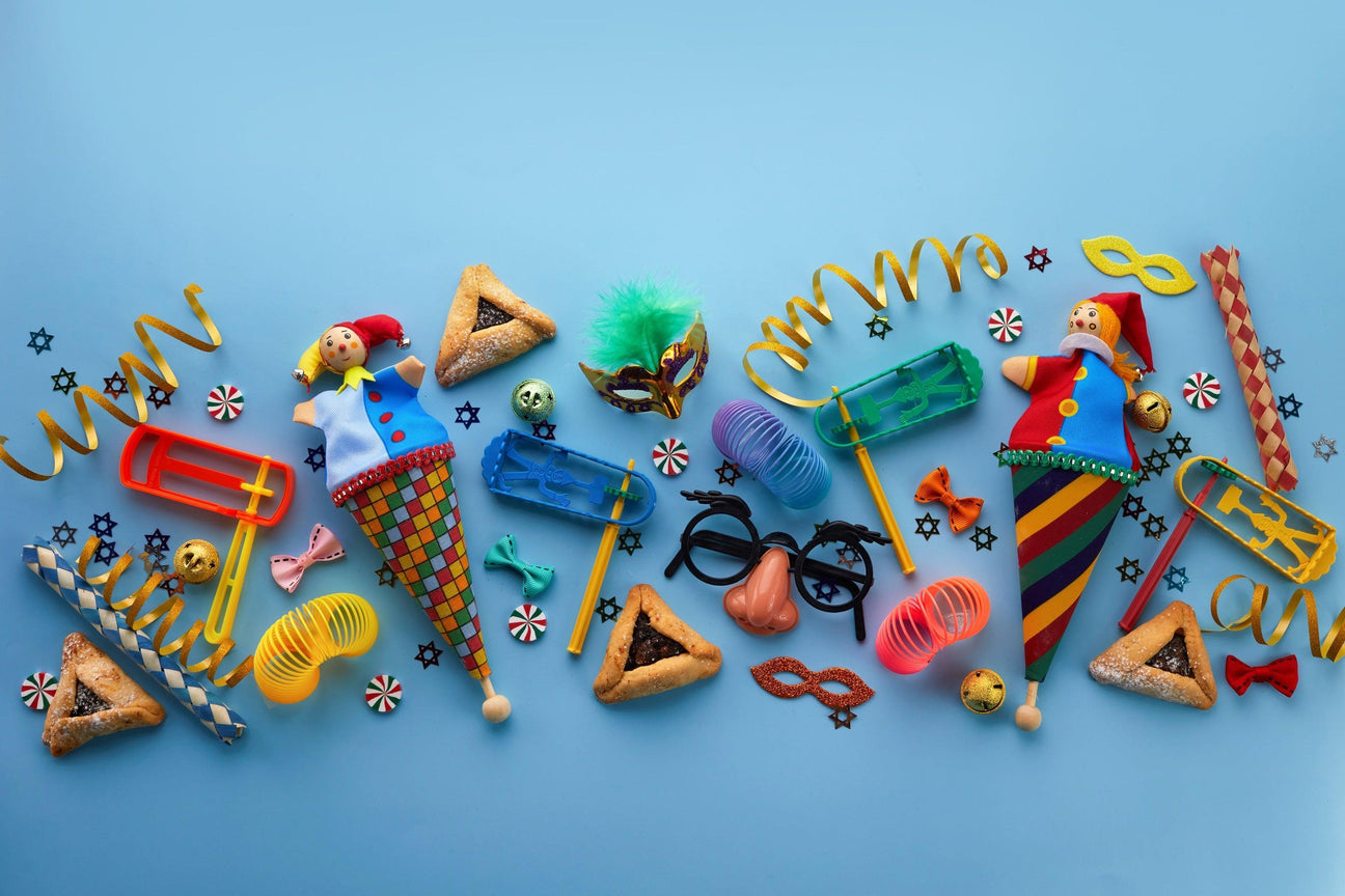 Vibrant Purim party favors: colorful noisemakers, masks, hamantaschen, and festive decorations for wholesale.