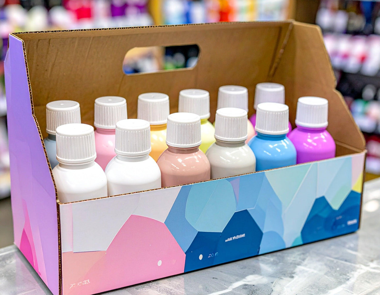 Colorful paint bottles in a retail-ready corrugated display box, ideal for B2B product merchandising.