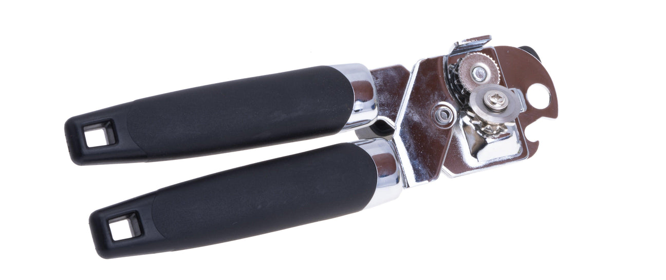 Durable chrome can opener with ergonomic black handles, ideal for commercial kitchen use.
