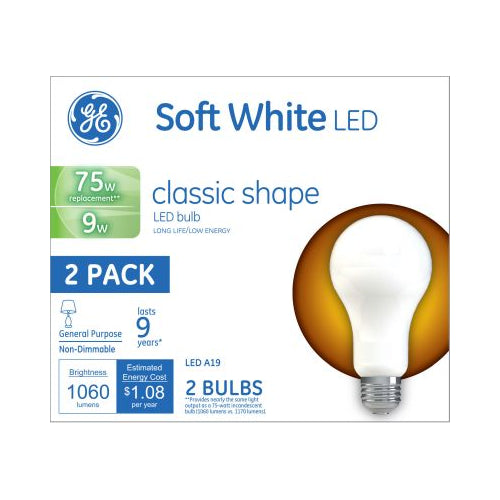 GE 9W A19 Soft White LED Classic Shape Light Bulbs (2-Pack)