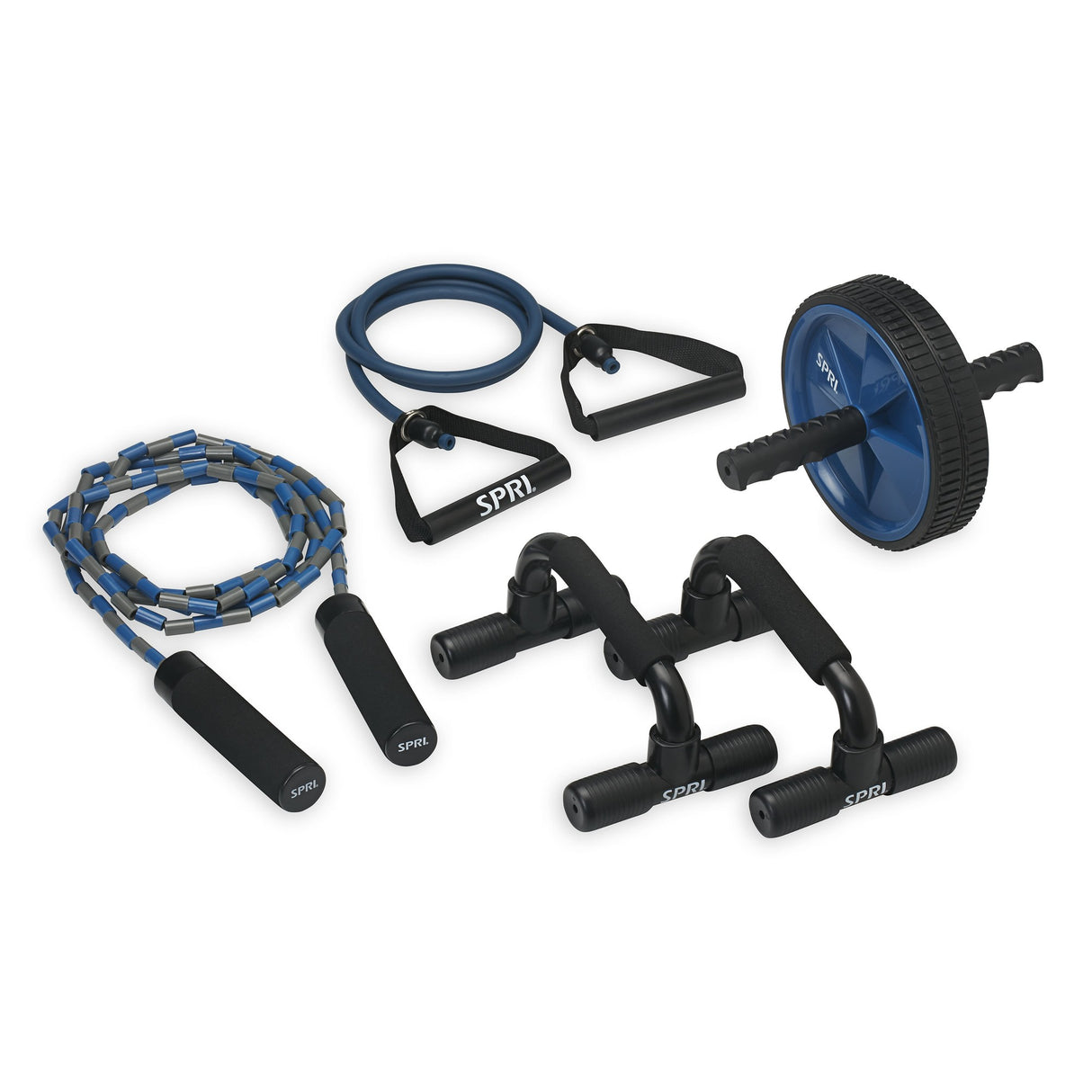 SPRI Home Gym Essentials Kit Includes Jump Rope Push-up Bars Ab Wheel and Medium Resistance Tube