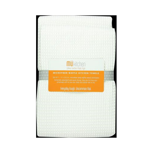 MUkitchen Microfiber Waffle Dishtowel - White, 17" x 25.5", 2 Count