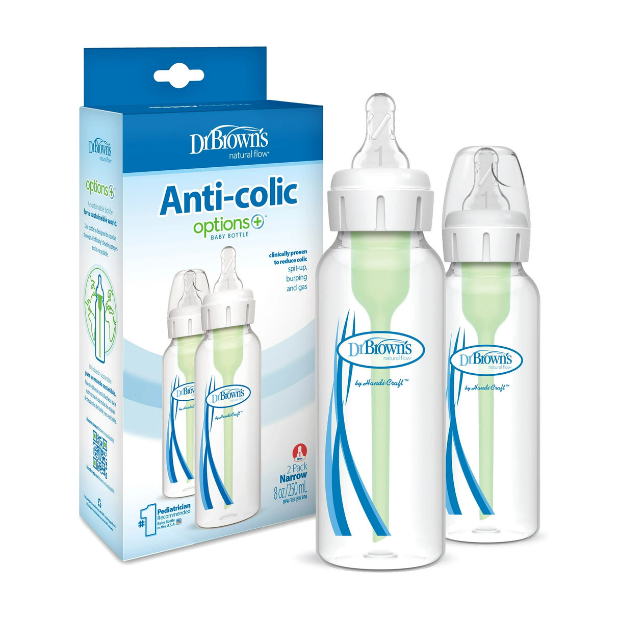 Dr. Brown's Natural Flow Anti-Colic Options+ Narrow Baby Bottle, 8oz, Level 1 Slow Flow, 2 Pack