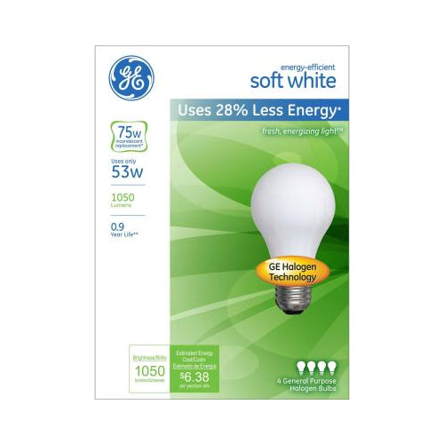 GE 53W A19 Energy-Efficient Soft Light Halogen Light Bulb (4-Pack)