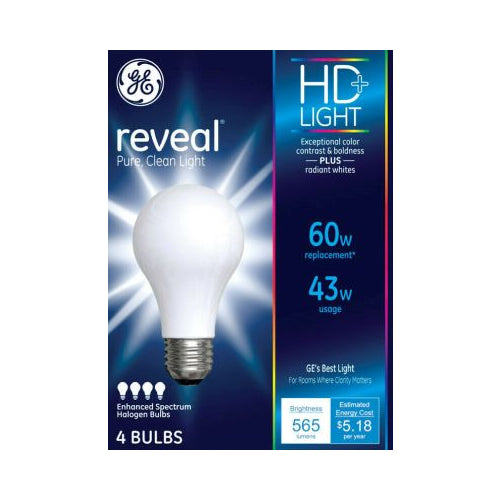 GE 43W A19 Reveal HD+ Halogen Light Bulbs (4-Pack)