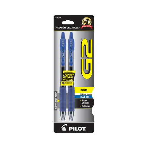 Pilot G2 Premium Refillable & Retractable Gel Pens, Fine Point (0.7mm), Blue, 2 Count