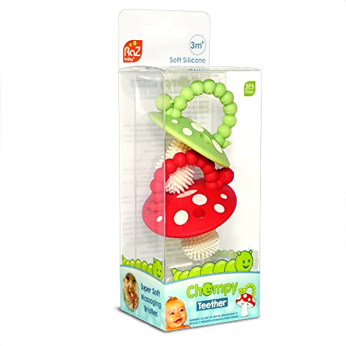 RaZbaby Chompy Teether Toy 3m+ (2-Pack) BPA-Free Silicone Soothes Sore Gums - Red/Green