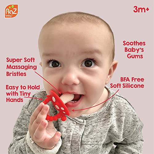 RaZbaby Chompy Teether Toy 3m+ (2-Pack) BPA-Free Silicone Soothes Sore Gums - Red/Green