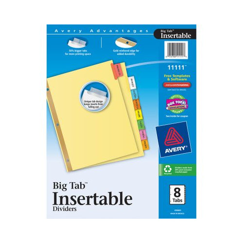 Avery Big Tab Insertable Dividers, Buff Paper, 8-Tab Set, Multicolor