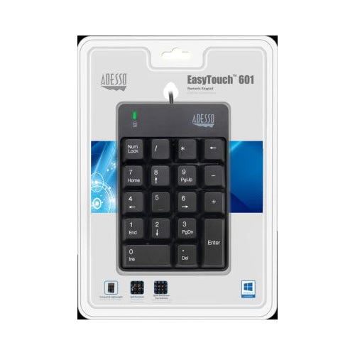 Adesso USB Spill Resistant 18-Key Numeric Keypad, Black - 1.0 CT