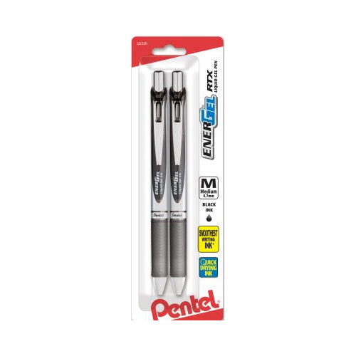 EnerGel RTX Retractable Liquid Gel Pen, (0.7mm) Metal Tip, Medium Line, Black Ink 2-Pk