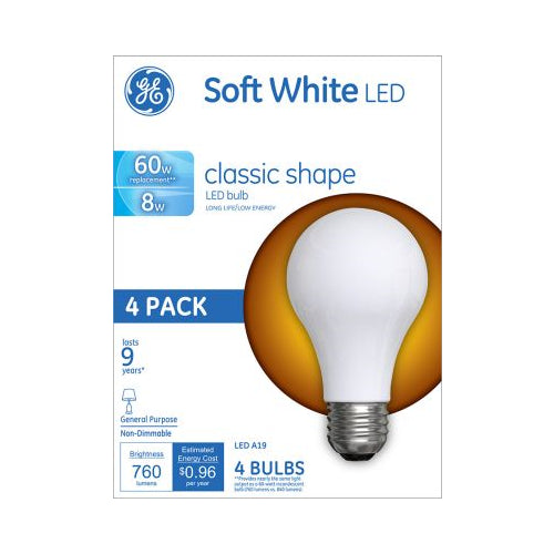 GE 8W A19 Soft White LED Classic Shape Light Bulb (4-Pack)