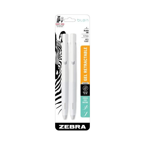 Zebra Blen Retractable Gel Pen 0.7mm Black Ink White Barrel, 2-pack