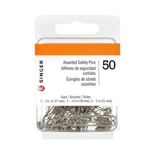 SINGER Assorted Safety Pins, 50 Count, Sizes 1, 1-1/16" - 2, 1-1/2" - 3, 2"