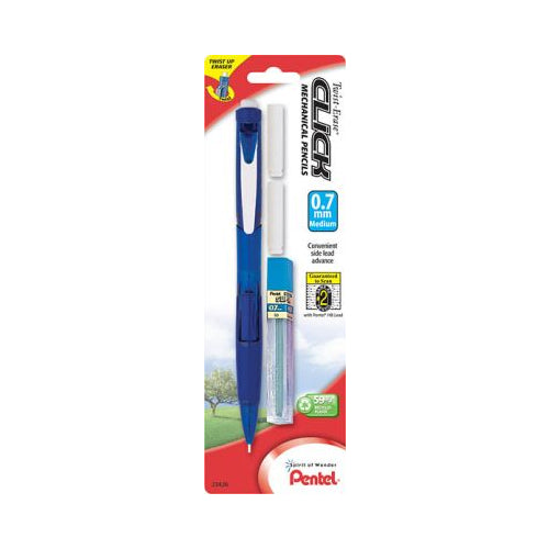 Twist-Erase CLICK Mechanical Pencil, (0.7mm) Clear Barrel, Asst Grip Colors
with Lead and (2) Erasers, 1-pk Carded