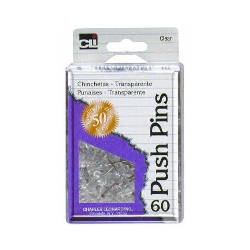 Charles Leonard Inc. Push Pins - Reusable Box - Clear - 60 ea