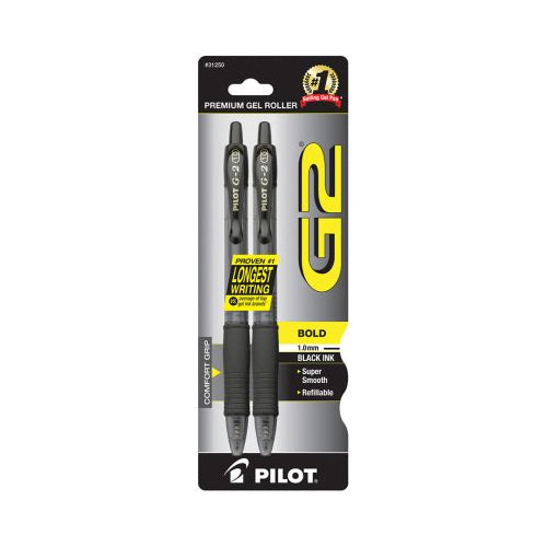 Pilot G2 Premium Refillable & Retractable Gel Pens, Bold Point (1.0mm), Black, 2 Count