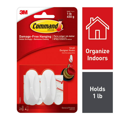 Command Small Designer Wall Hooks - White, 2 Hooks + 4 Strips