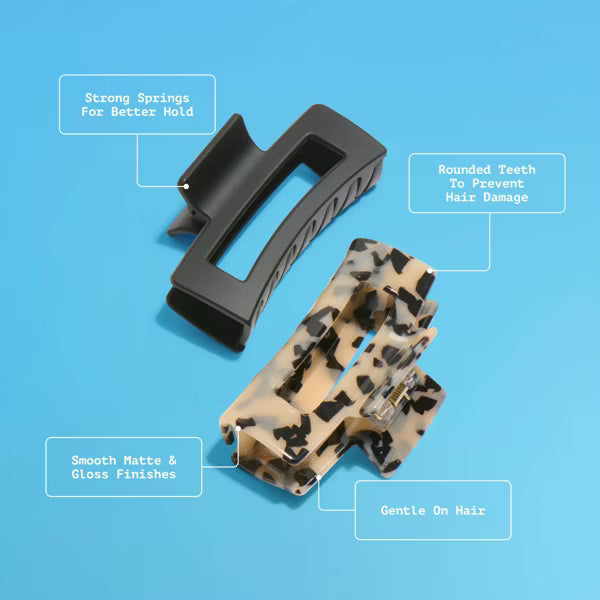 GIMME Medium Hair Rectangle Claw Clip - Black and Tortoise, 2 count