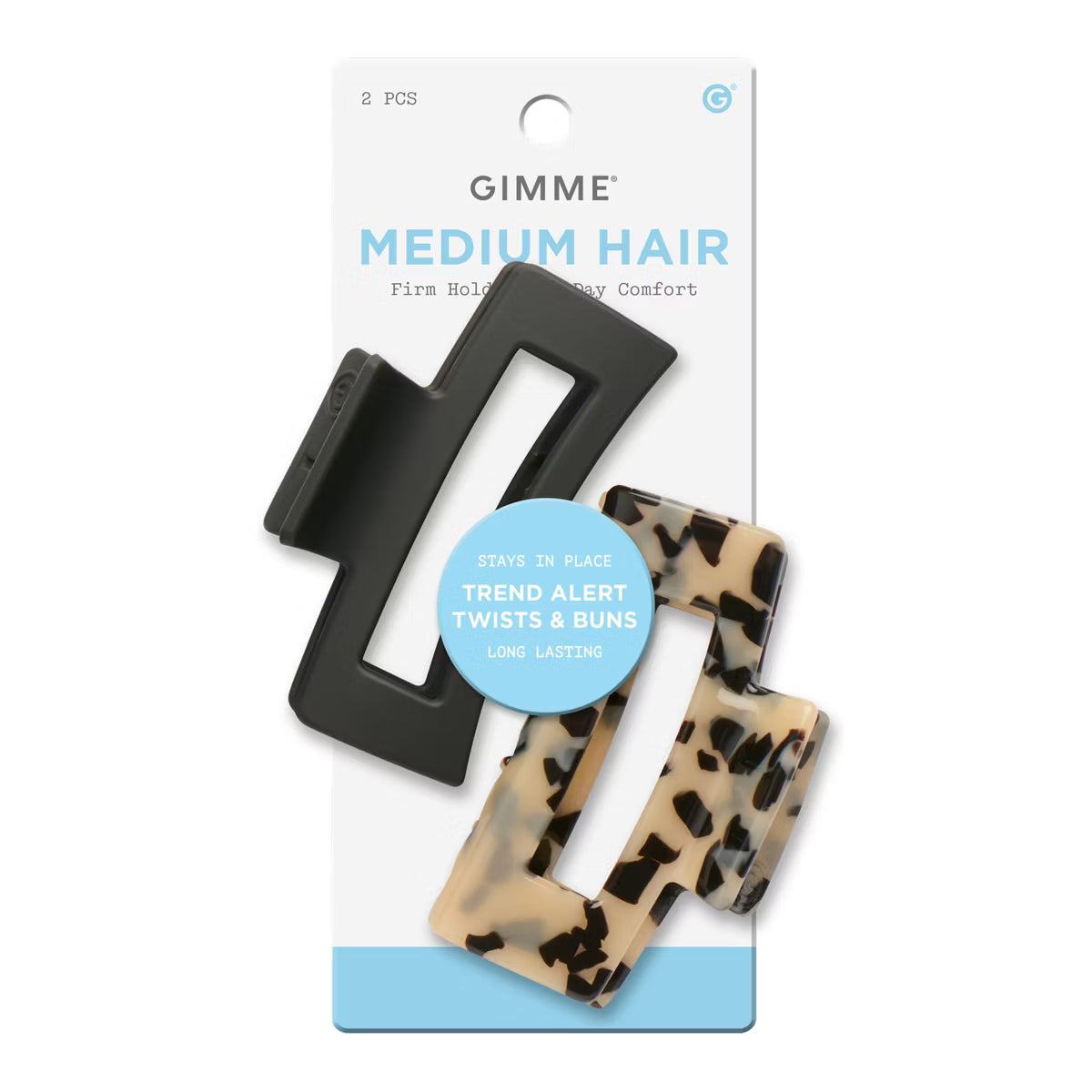 GIMME Medium Hair Rectangle Claw Clip - Black and Tortoise, 2 count