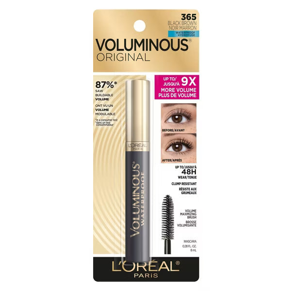 L'ORÉAL PARIS Voluminous Original Waterproof Bold Eye Mascara, 365 Waterproof Black Brown, 0.28 fl. oz.