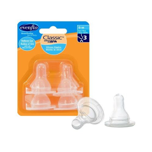 Evenflo Feeding Classic Standard Neck BPA-Free Silicone Fast Flow Nipples - 8 Months+, 4 Pack