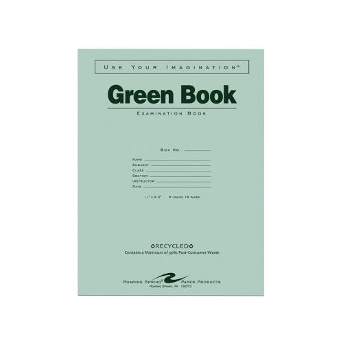 Roaring Spring Green Exam Book, Wide Rule, 11" x 8 1/2", 8 Sheets