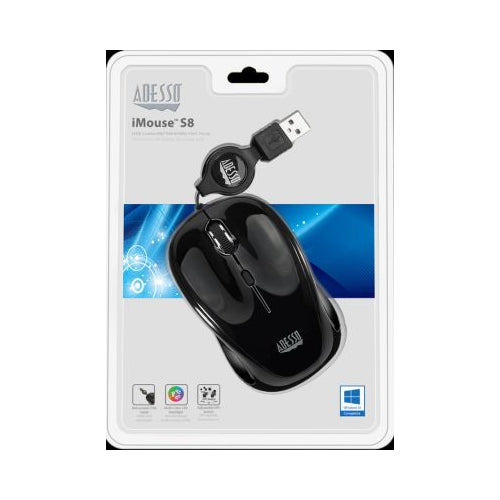 Adesso iMouse S8B USB Illuminated Retractable Mini Mouse, Black - 1.0 CT