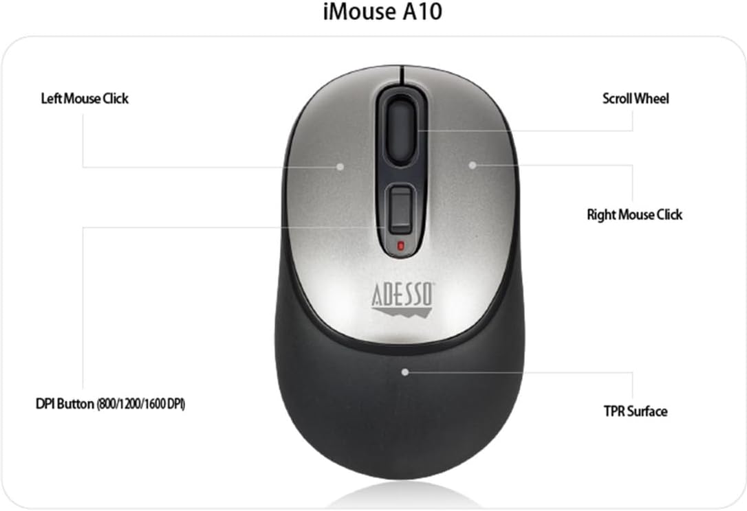 Adesso iMouse A10 Antimicrobial Wireless Mouse - Black and Silver-783750010672-LR-340064-10-LR eShop