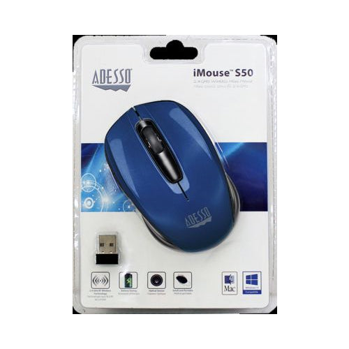 Adesso Ergonomic iMouse S50 Wireless Optical Mouse, Blue - 1.0 CT