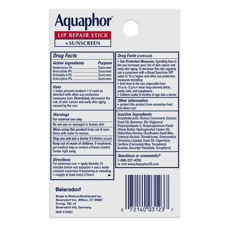 Aquaphor Lip Repair Stick + Sunscreen SPF 30, Dual Pack, .17 oz x 2-072140031237-LR-363369-2-LR eShop