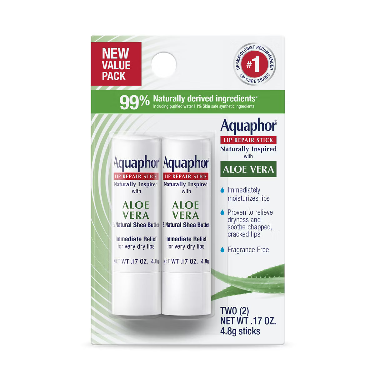 Aquaphor Naturally Inspired Lip Repair Stick with Aloe Vera, Dual Pack, .17 oz x2-072140039172-LR-363385-1-LR eShop