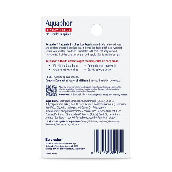 Aquaphor Naturally Inspired Lip Repair Stick with Aloe Vera, Dual Pack, .17 oz x2-072140039172-LR-363385-2-LR eShop