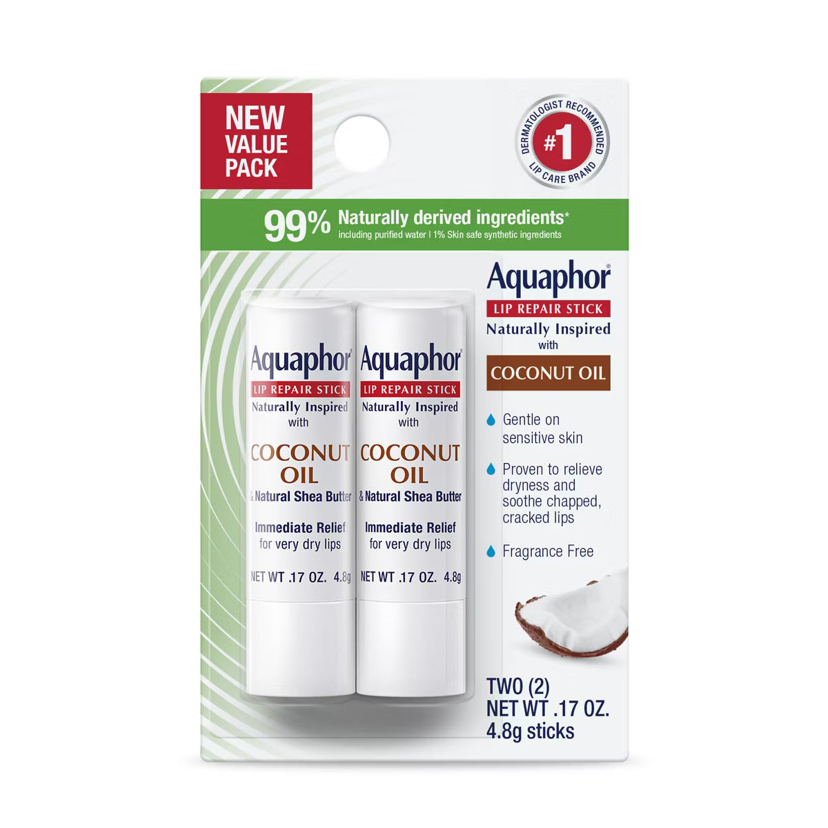 Aquaphor Naturally Inspired Lip Repair Stick with Coconut Oil, Dual Pack, .17 oz x2-072140039189-LR-363386-1-LR eShop
