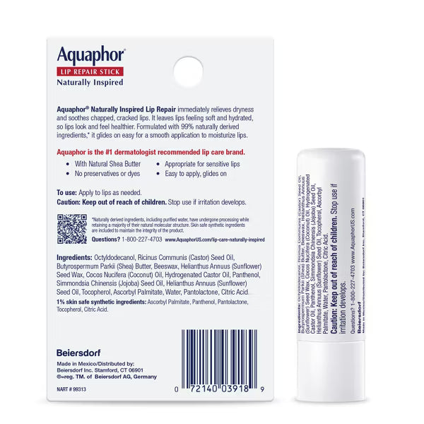 Aquaphor Naturally Inspired Lip Repair Stick with Coconut Oil, Dual Pack, .17 oz x2-072140039189-LR-363386-10-LR eShop