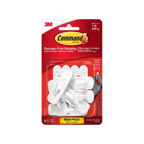 3M Command Small Utility Hooks Multi-Pack, White, 6-Hooks 12 Strips