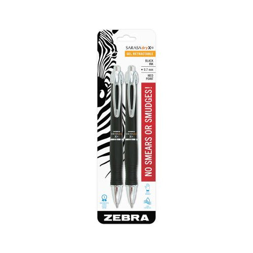 Zebra Sarasa Dry X10 Gel Retractable Pen, Medium Point 0.7mm, Black Barrel, Black Ink, 2-count