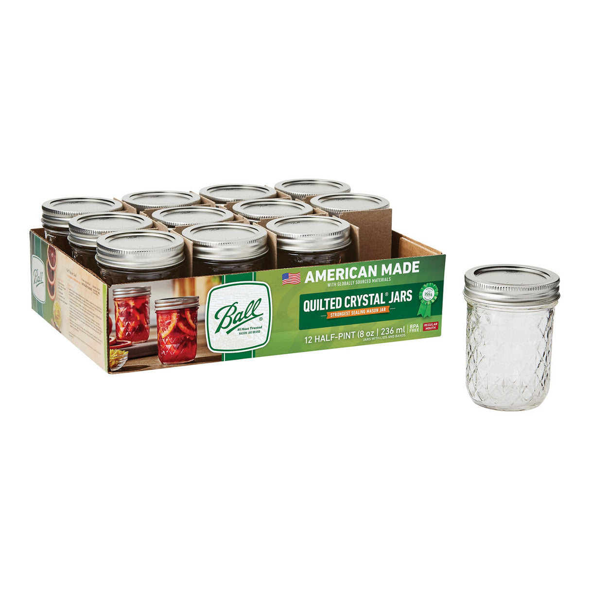 Ball Quilted Crystal Jelly Jars with Lids and Bands, Regular Mouth, Half Pint 8 oz, 12 Ct-014400812002-LR-362634-1-LR eShop