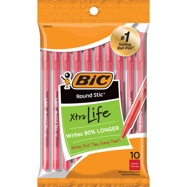 BiC Round Stic Xtra Life Ballpoint Pens - Red, 10 count-070330906099-LR-97634-1-LR eShop