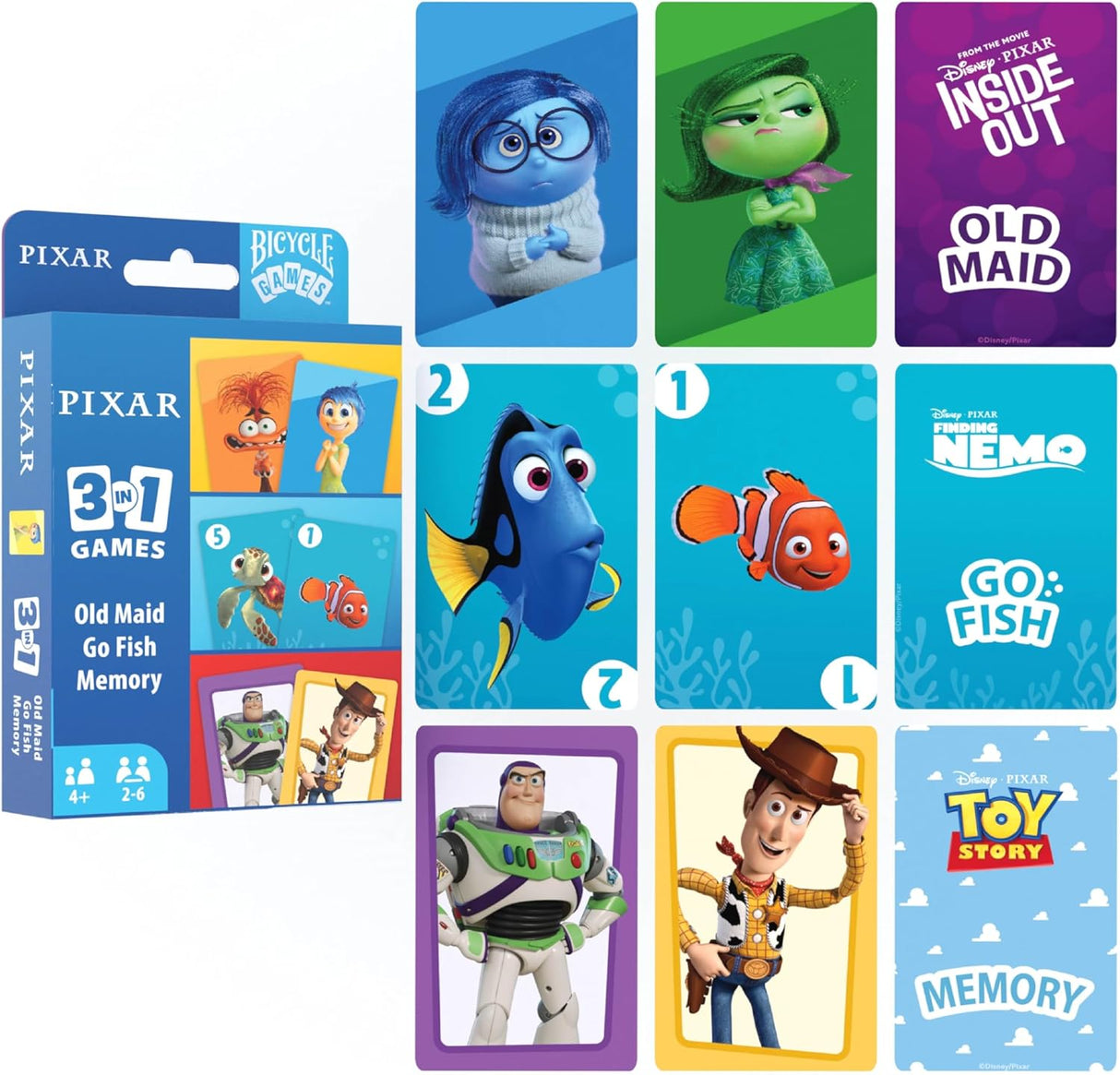 Bicycle Disney and Pixar 3-in-1 Card Games - Old Maid, Go Fish & Memory-073854099414-LR-362602-2-LR eShop