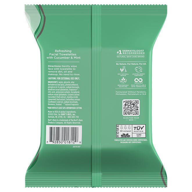 Burt's Bees Facial Cleansing Towelettes with Cucumber & Mint, 30 count-792850018129-LR-270744-10-LR eShop