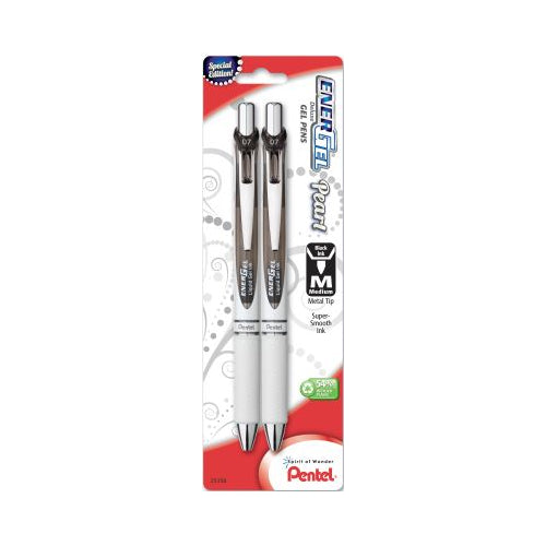 EnerGel Pearl Retractable Liquid Gel Pen, 0.7mm Metal Tip, Medium Line, Black Accent, Black Ink 2-Pk