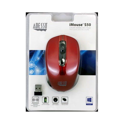 Adesso Ergonomic iMouse S50 Wireless Optical Mouse, Red - 1.0 CT