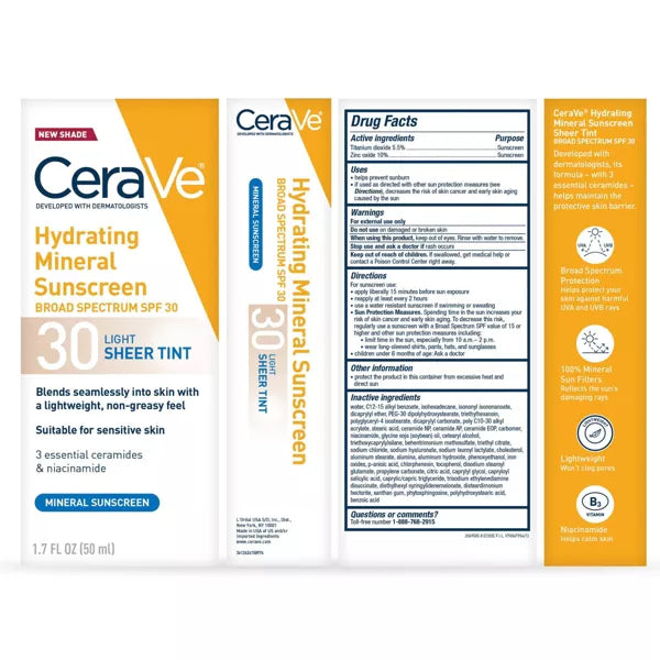 CeraVe Hydrating Mineral Tinted Face Sunscreen Lotion, Light - SPF 30, 1.7 oz-3606000612181-LR-358511-9-LR eShop