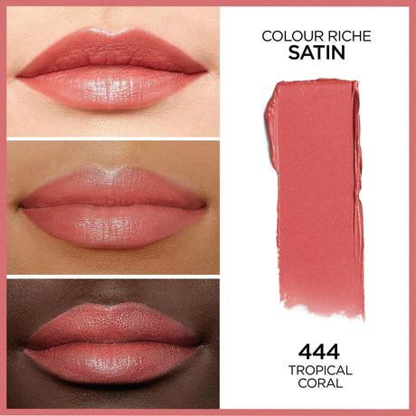 L'Oreal Paris Colour Riche Original Satin Lipstick for Moisturized Lips, Tropical Coral, 0.13 oz.